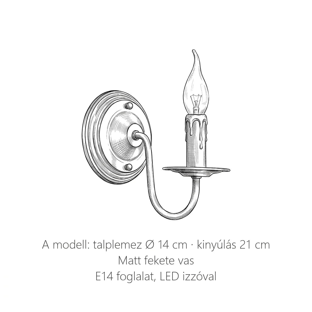 A gyertyatartó fali lámpa méretei, A modell: talplemez Ø 14 cm, kinyúlás 21 cm