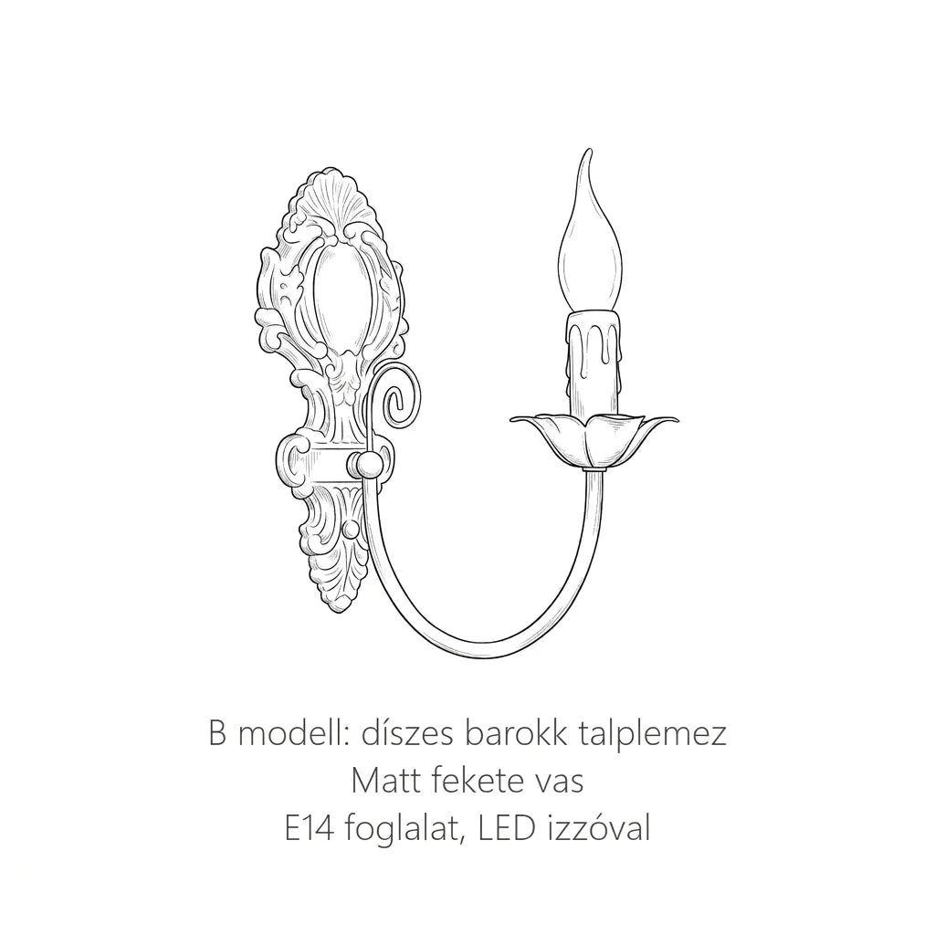 A gyertyatartó fali lámpa B modellje díszes barokk talplemezzel