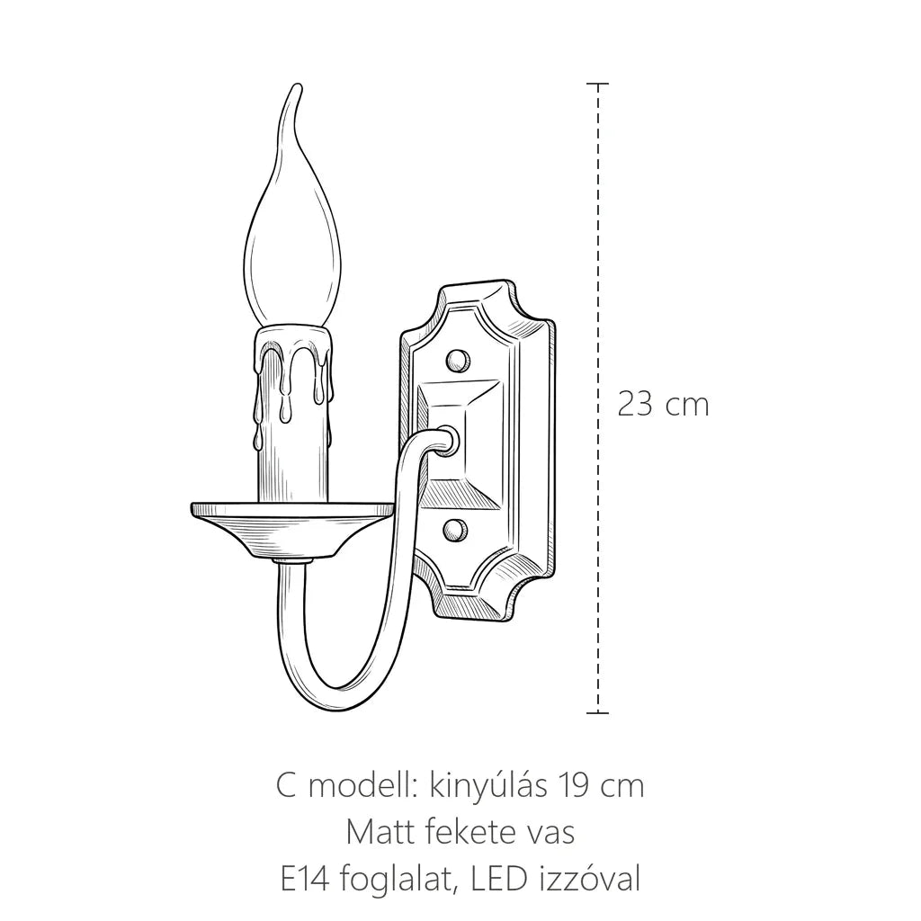 A gyertyatartó fali lámpa méretei, C modell: magasság 23 cm, kinyúlás 19 cm