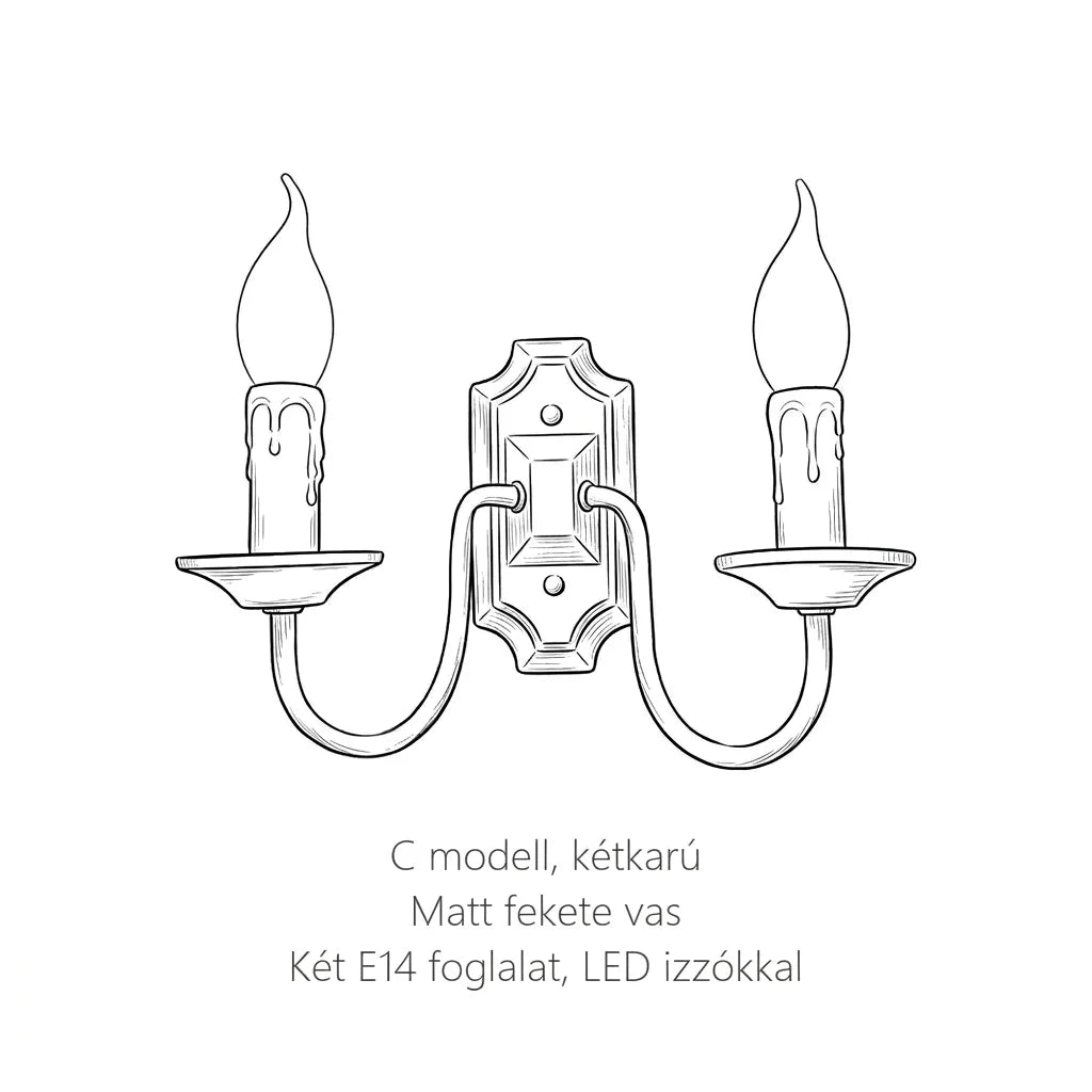 A kétkarú gyertyatartó fali lámpa, C modell, két E14 foglalattal