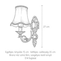 A gyertyatartós textil ernyős fali lámpa méretei: magasság 27 cm, kinyúlás 15 cm