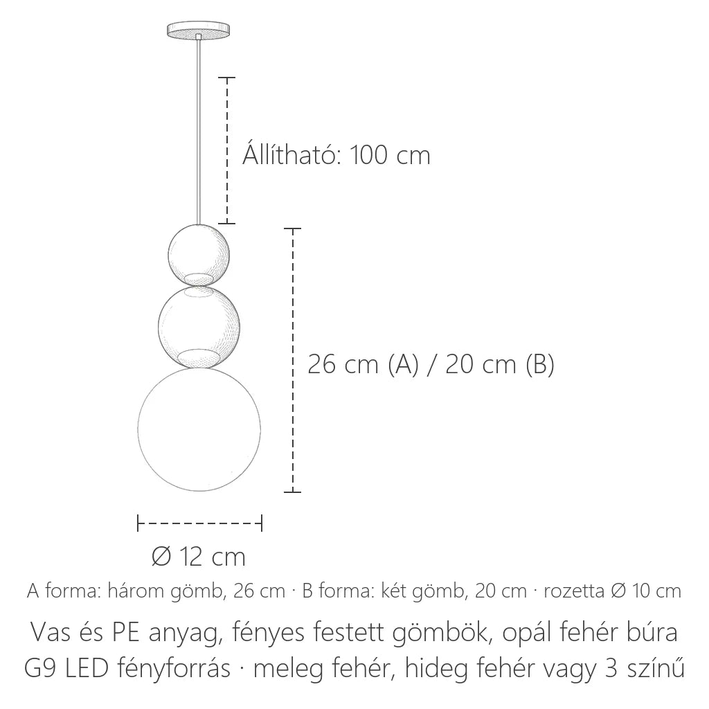 Gyöngy függőlámpa méretei: Ø 12 cm, 26 / 20 cm magas