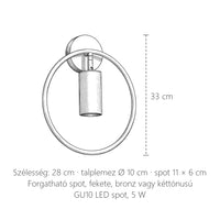 Gyűrűs fali lámpa forgatható GU10 spottal méretei: 33 cm magas, 28 cm széles