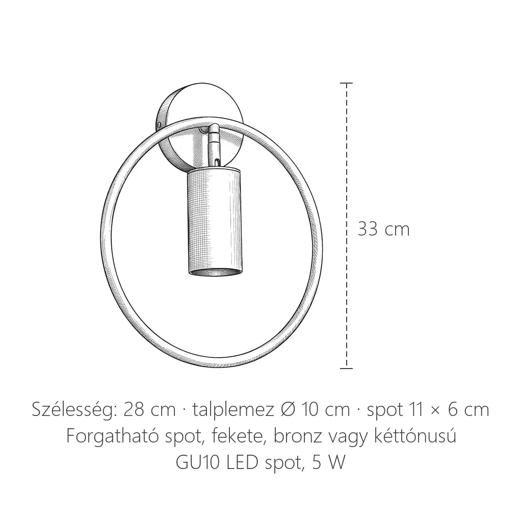 Gyűrűs fali lámpa forgatható GU10 spottal méretei: 33 cm magas, 28 cm széles
