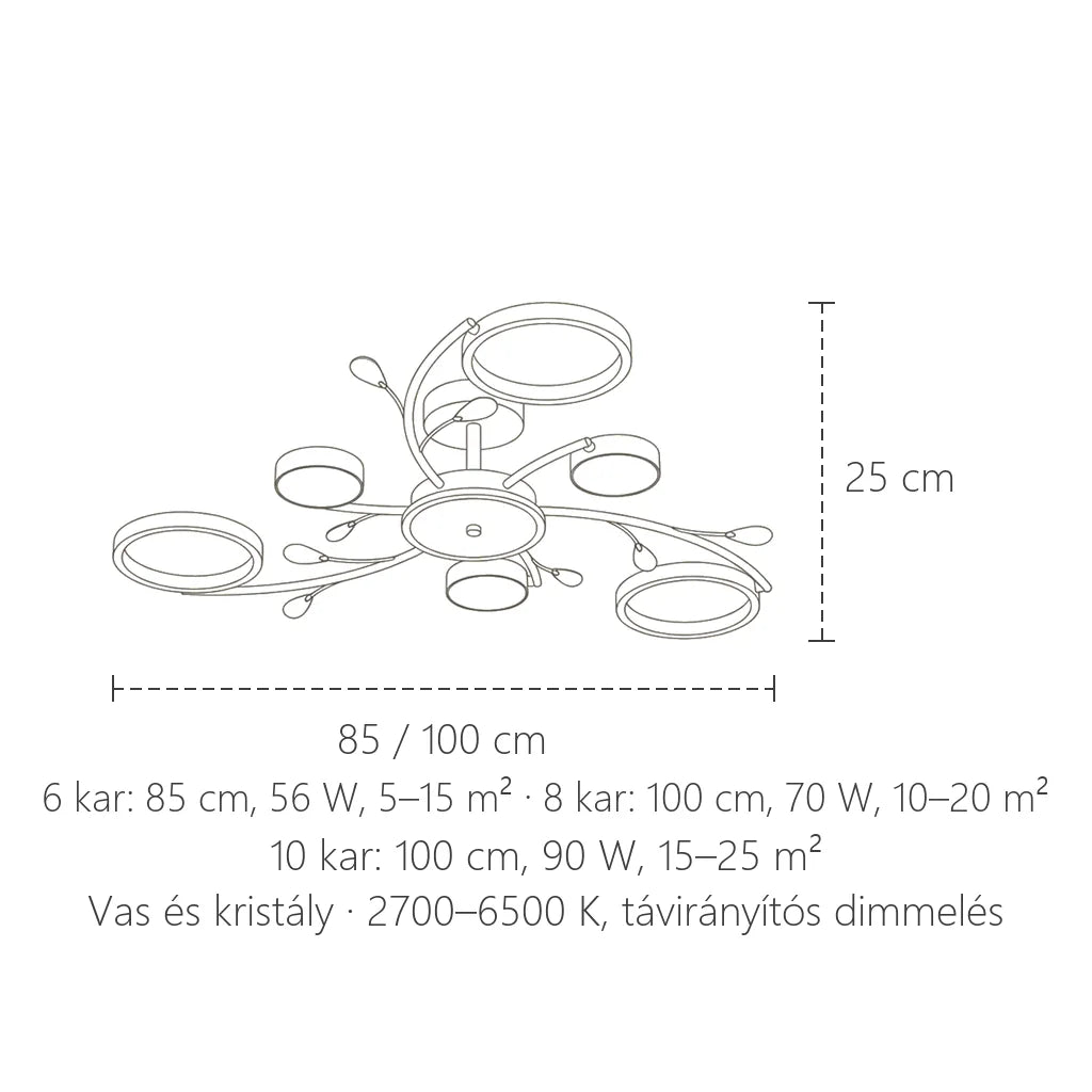 Gyűrűs csillár méretei: 85 / 100 cm, 25 cm magas