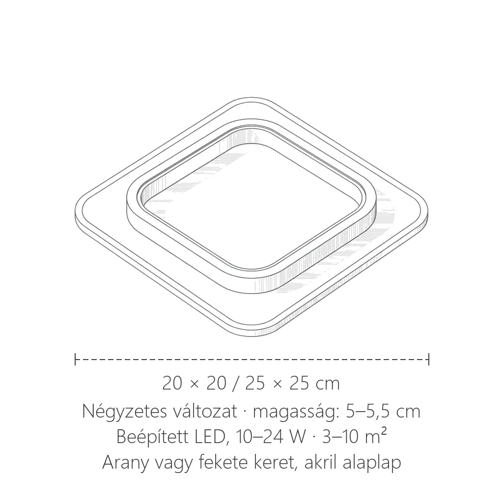Négyzetes gyűrűs LED lámpa méretei: 20 × 20 / 25 × 25 cm