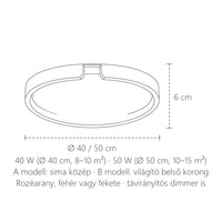 Gyűrűs LED lámpa méretei: Ø 40 vagy 50 cm, 6 cm magas