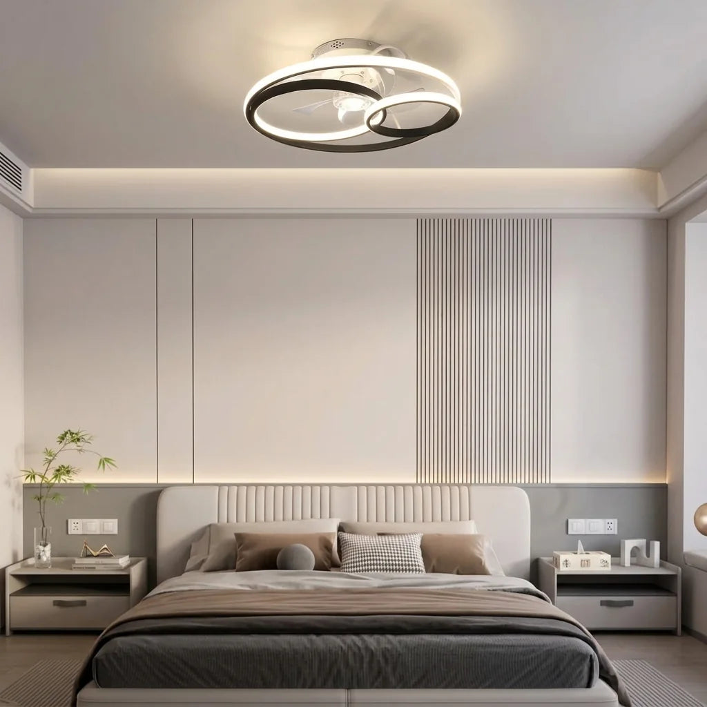 Kerek ventilátoros LED lámpa modern hálószobában
