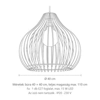 Hagyma formájú natúr fa függőlámpa méretei: búra 40 × 40 cm, teljes magasság max. 110 cm