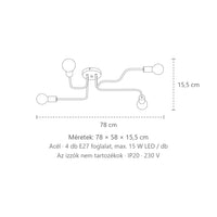 Hajlított csőkaros mennyezeti lámpa méretei (4 izzós): 78 × 58 × 15,5 cm