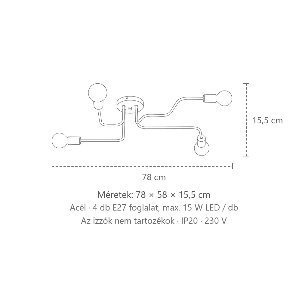 Hajlított csőkaros mennyezeti lámpa méretei (4 izzós): 78 × 58 × 15,5 cm