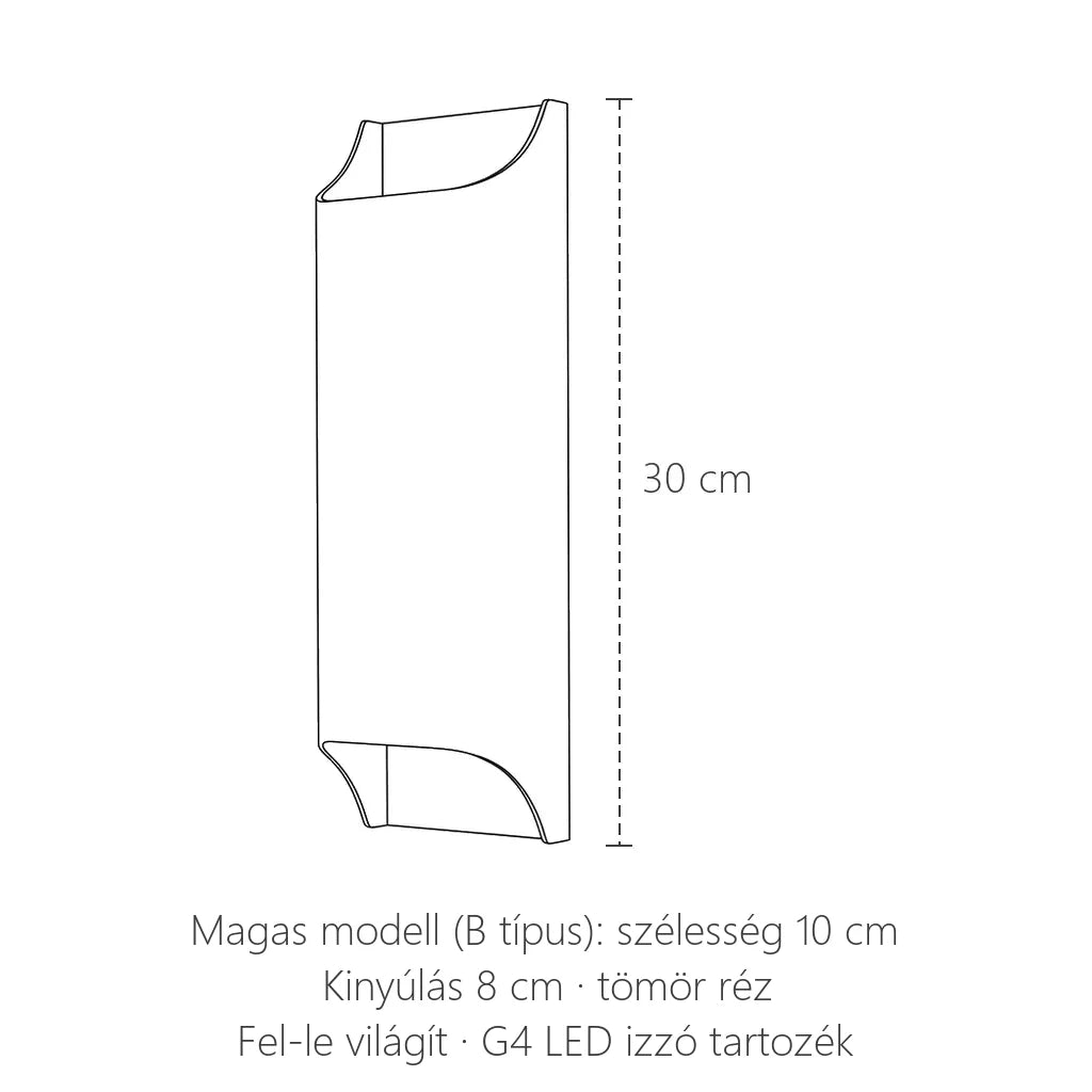 Magas hajlított réz fali lámpa méretei: 30 cm magas, 10 cm széles
