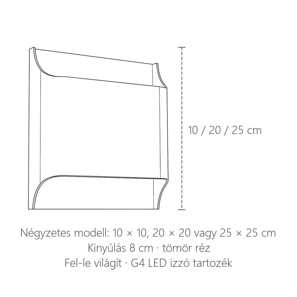 Négyzetes hajlított réz fali lámpa méretei: 10, 20 vagy 25 cm, kinyúlás 8 cm