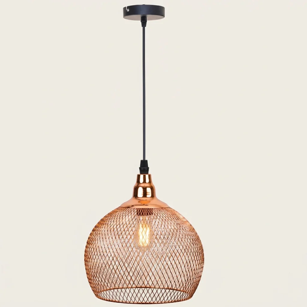 Vintage hálós kalitka függesztő lámpa rózsaarany színben, Edison izzóval