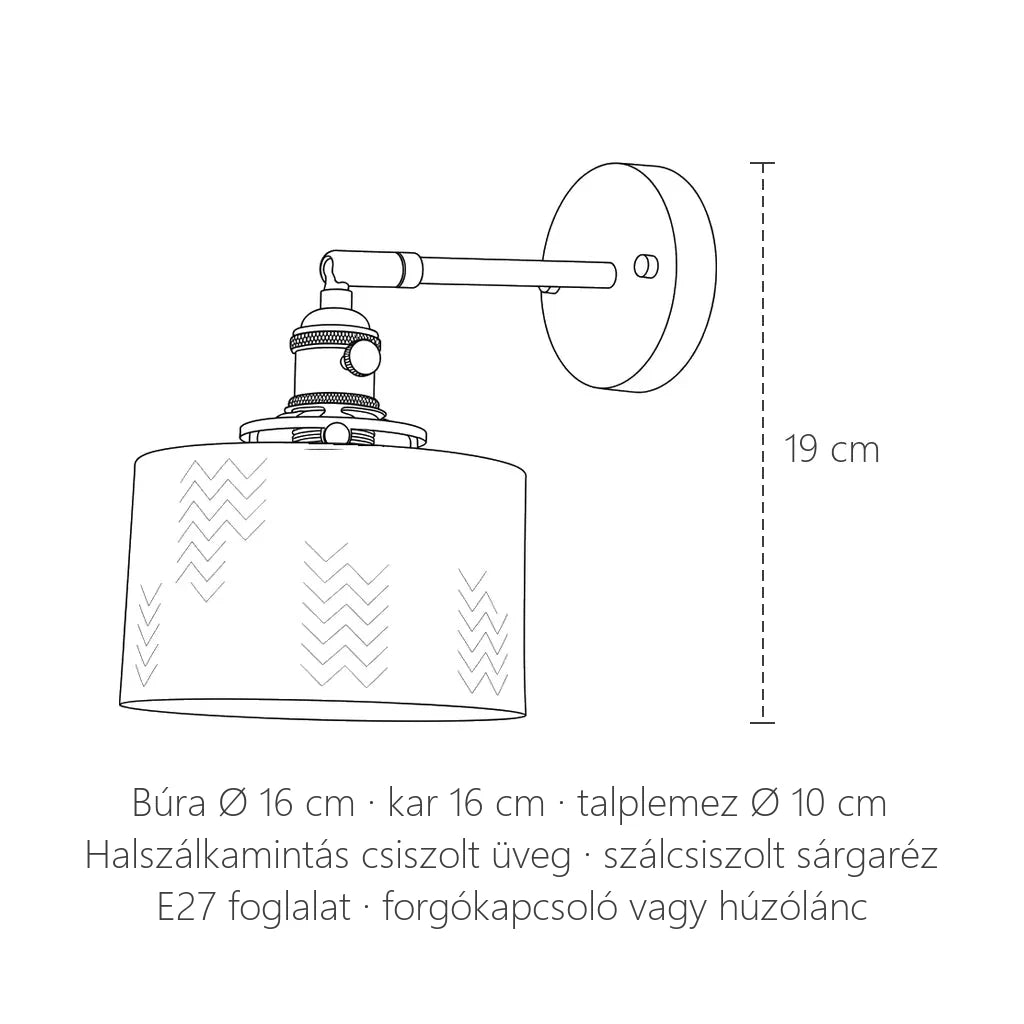 Halszálkamintás üveg fali lámpa méretei: búra Ø 16 cm, 19 cm magas