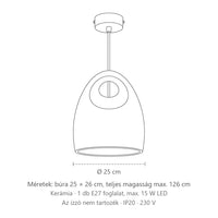 Harang alakú fehér kerámia függőlámpa füllel méretei: búra 25 × 26 cm, teljes magasság max. 126 cm