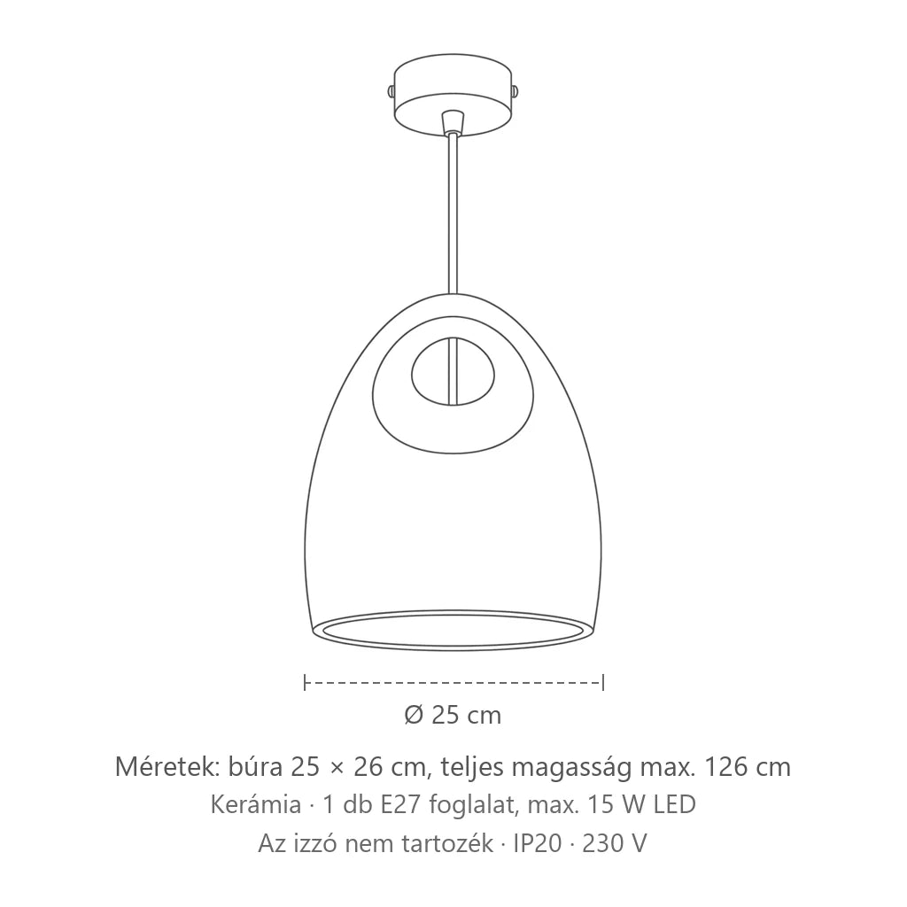Harang alakú fehér kerámia függőlámpa füllel méretei: búra 25 × 26 cm, teljes magasság max. 126 cm