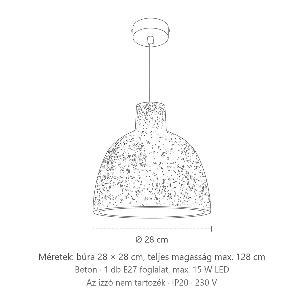 Harang alakú szürke beton függőlámpa méretei: búra 28 × 28 cm, teljes magasság max. 128 cm