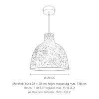 Harang alakú szürke beton függőlámpa méretei: búra 28 × 28 cm, teljes magasság max. 128 cm