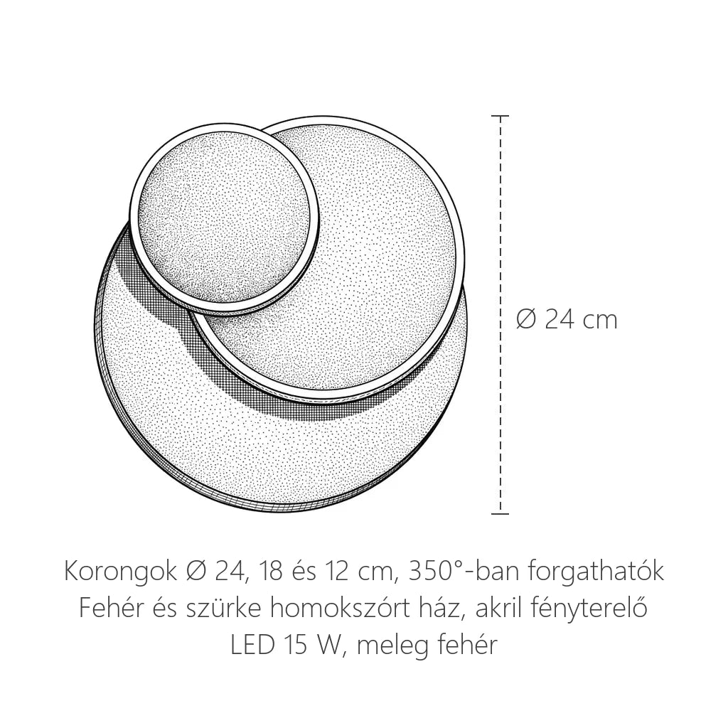 A három korongos LED fali lámpa méretei: Ø 24 cm