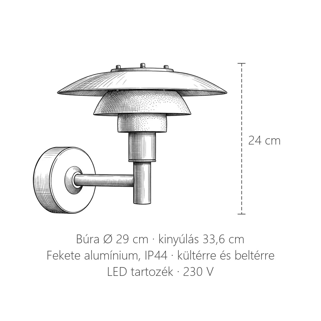 Háromtányéros kültéri fali lámpa méretei: 24 cm magas, búra Ø 29 cm, kinyúlás 33,6 cm