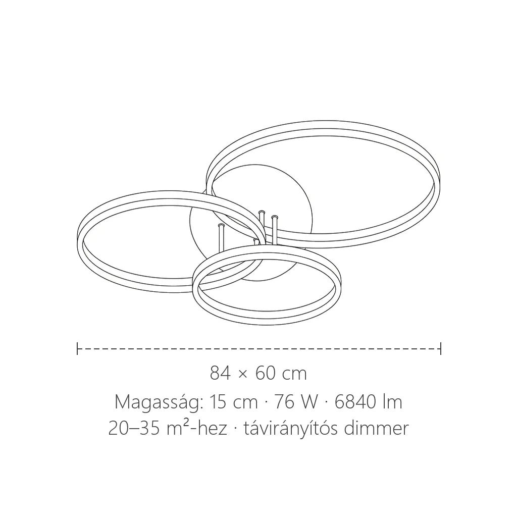 Háromgyűrűs LED mennyezeti lámpa méretei: 84 × 60 × 15 cm