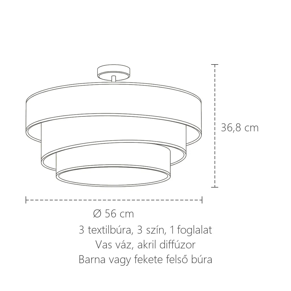 Textil lámpa méretei: Ø 56 cm, 36,8 cm magas
