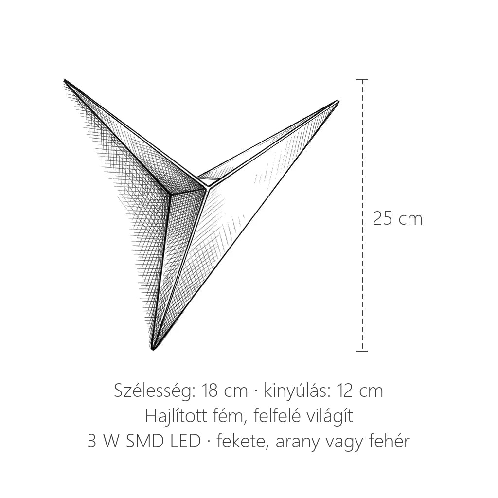 Háromszög LED fali lámpa méretei: 25 cm magas, 18 cm széles, kinyúlás 12 cm