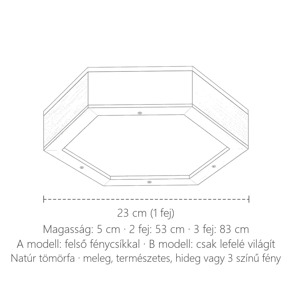 Hatszögletű fa lámpa méretei: 23 / 53 / 83 cm, 5 cm magas
