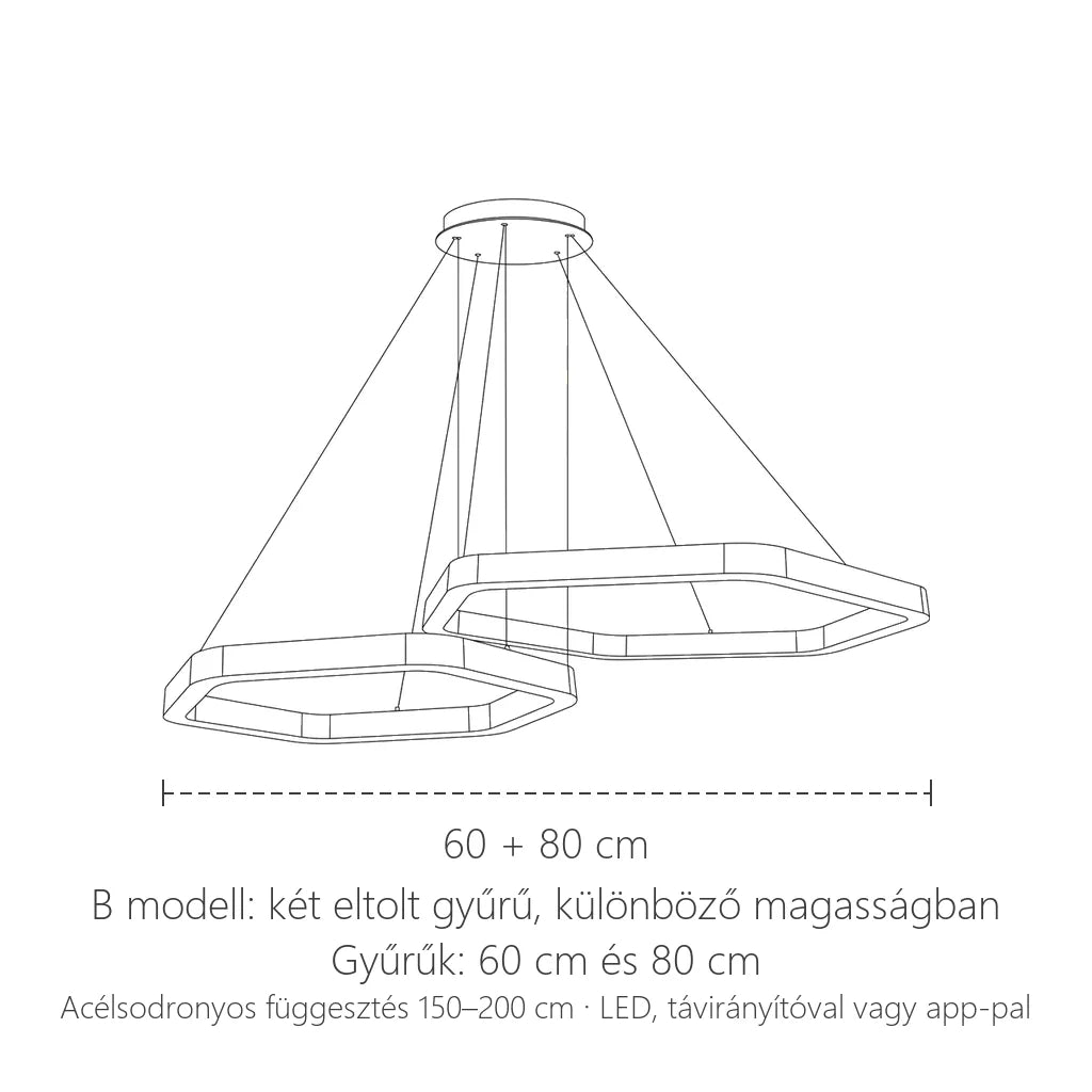 B modell kétgyűrűs változatának méretei: 60 + 80 cm