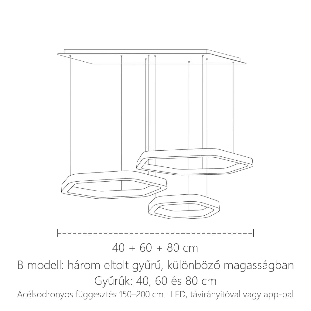 B modell háromgyűrűs változatának méretei: 40 + 60 + 80 cm