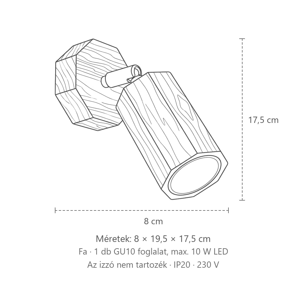 Hatszögletű tölgyfa spot fali lámpa méretei: 8 × 19,5 × 17,5 cm