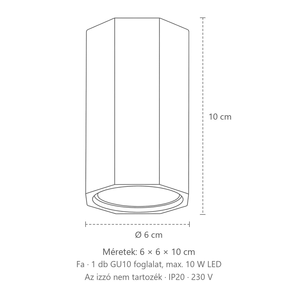 Hatszögletű tölgyfa spotos mennyezeti lámpa méretei (1 izzós – 10 cm magas): 6 × 6 × 10 cm