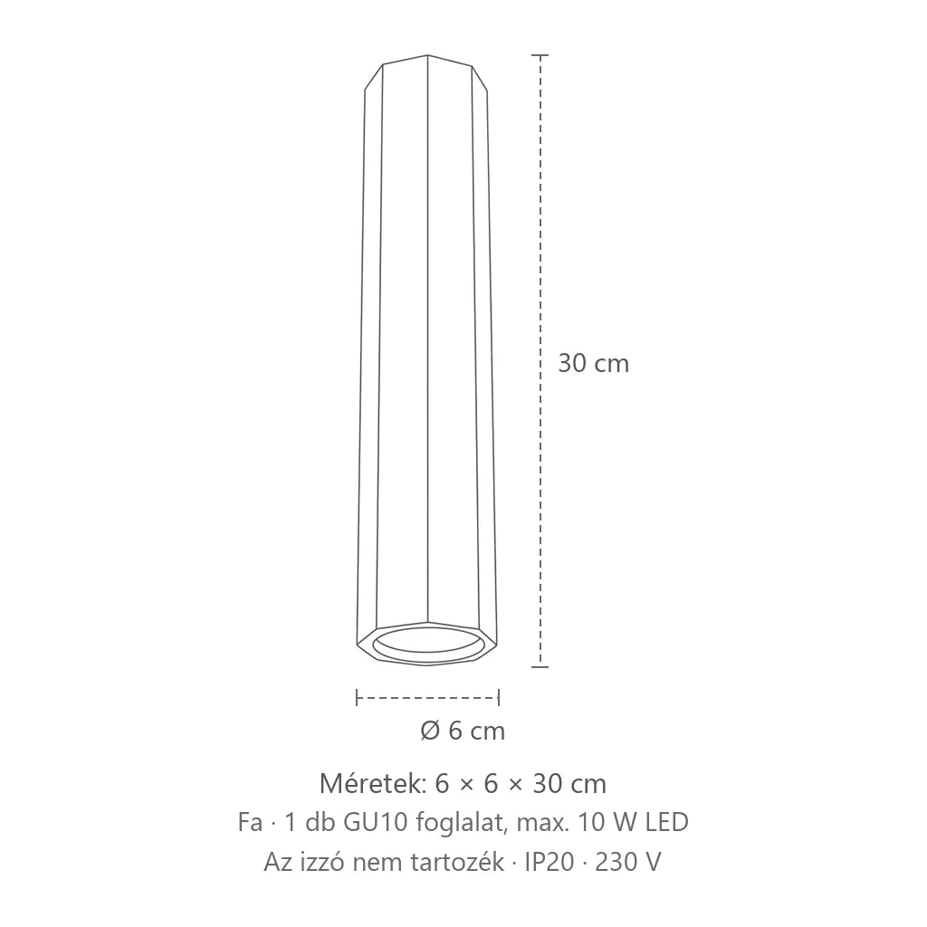 Hatszögletű tölgyfa spotos mennyezeti lámpa méretei (1 izzós – 30 cm magas): 6 × 6 × 30 cm