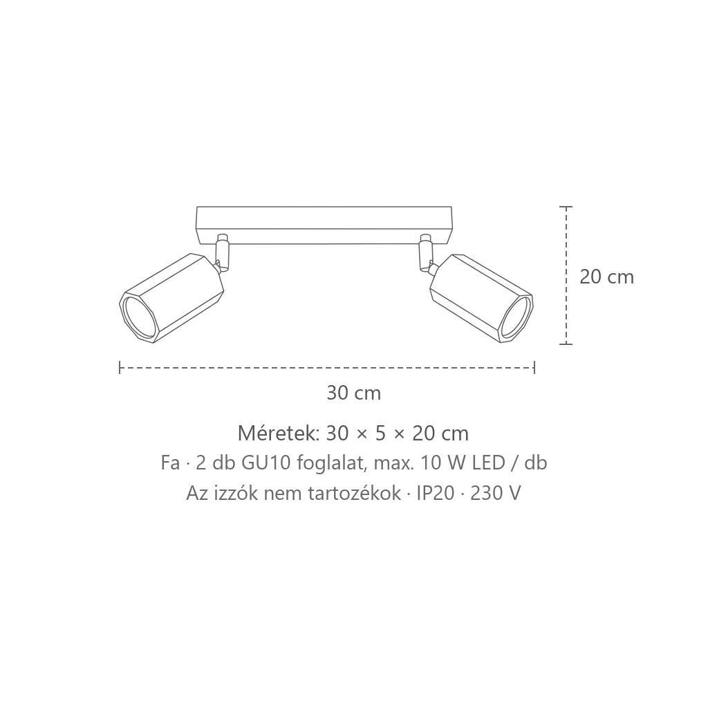 Hatszögletű tölgyfa spotos mennyezeti lámpa méretei (2 izzós – 30 cm): 30 × 5 × 20 cm