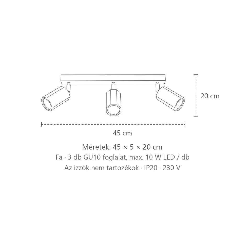 Hatszögletű tölgyfa spotos mennyezeti lámpa méretei (3 izzós – 45 cm): 45 × 5 × 20 cm