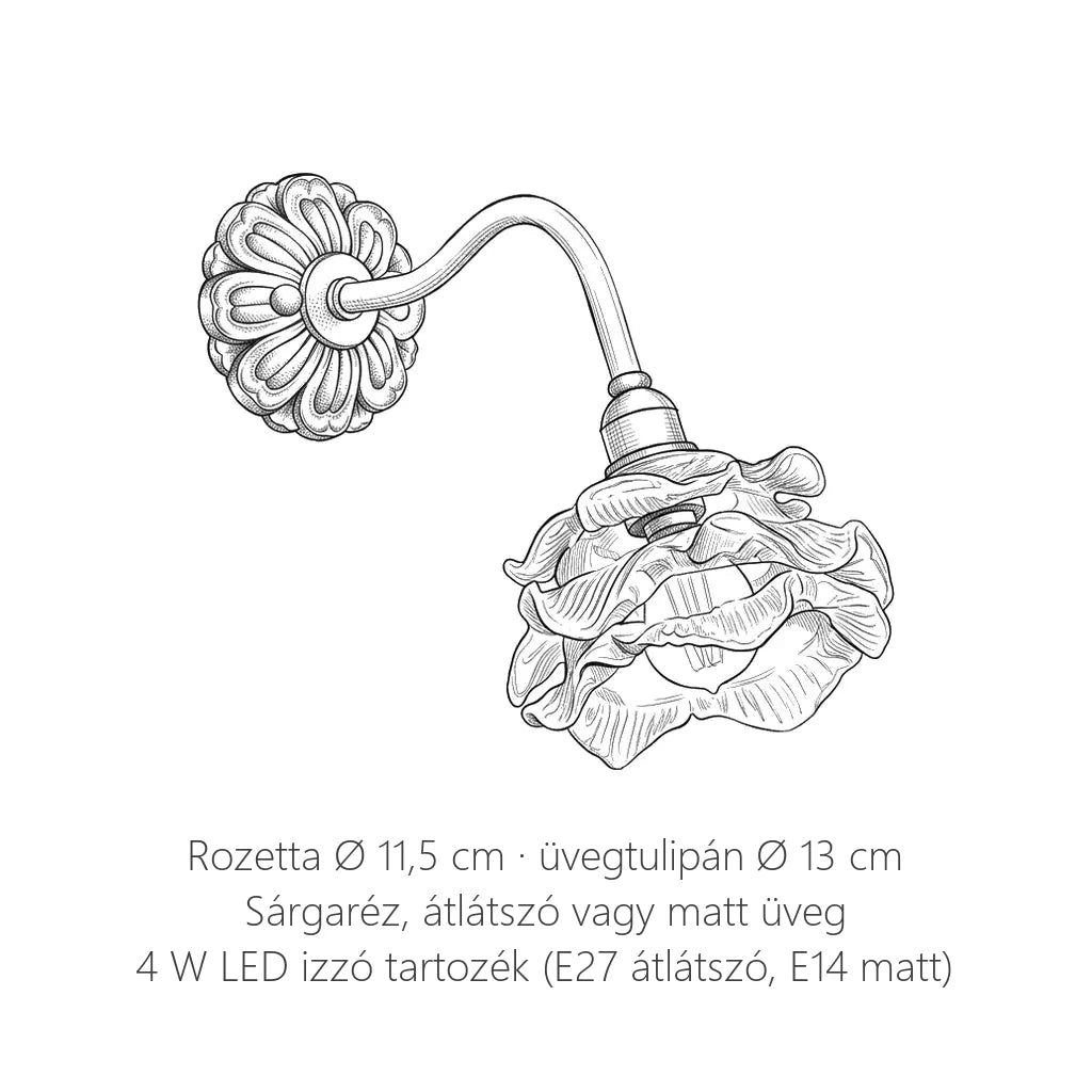 A hattyúnyakú sárgaréz üvegtulipános fali lámpa méretei: rozetta Ø 11,5 cm, tulipán Ø 13 cm