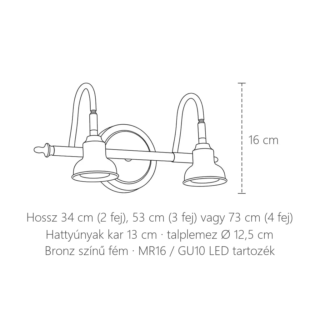 Hattyúnyakas bronz tükörvilágító lámpa méretei: 16 cm magas, 34–73 cm hosszú