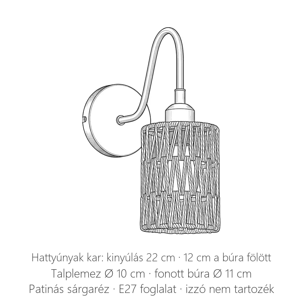 Hattyúnyakas fonott búrás fali lámpa méretei: kinyúlás 22 cm, búra Ø 11 cm