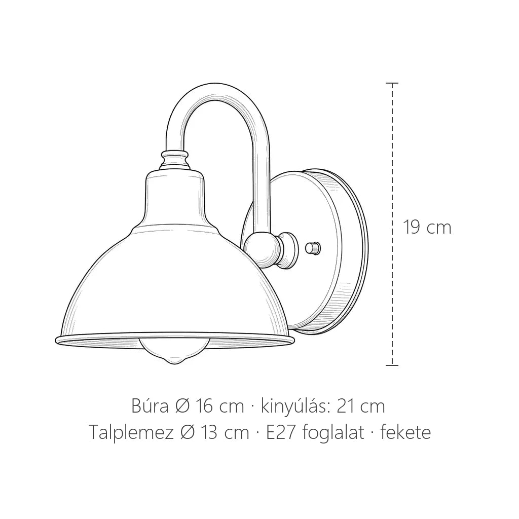 Hattyúnyakas ipari fali lámpa méretei Ø 16 cm-es búrával: 19 cm magas