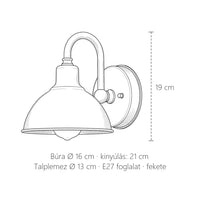 Hattyúnyakas ipari fali lámpa méretei Ø 16 cm-es búrával: 19 cm magas