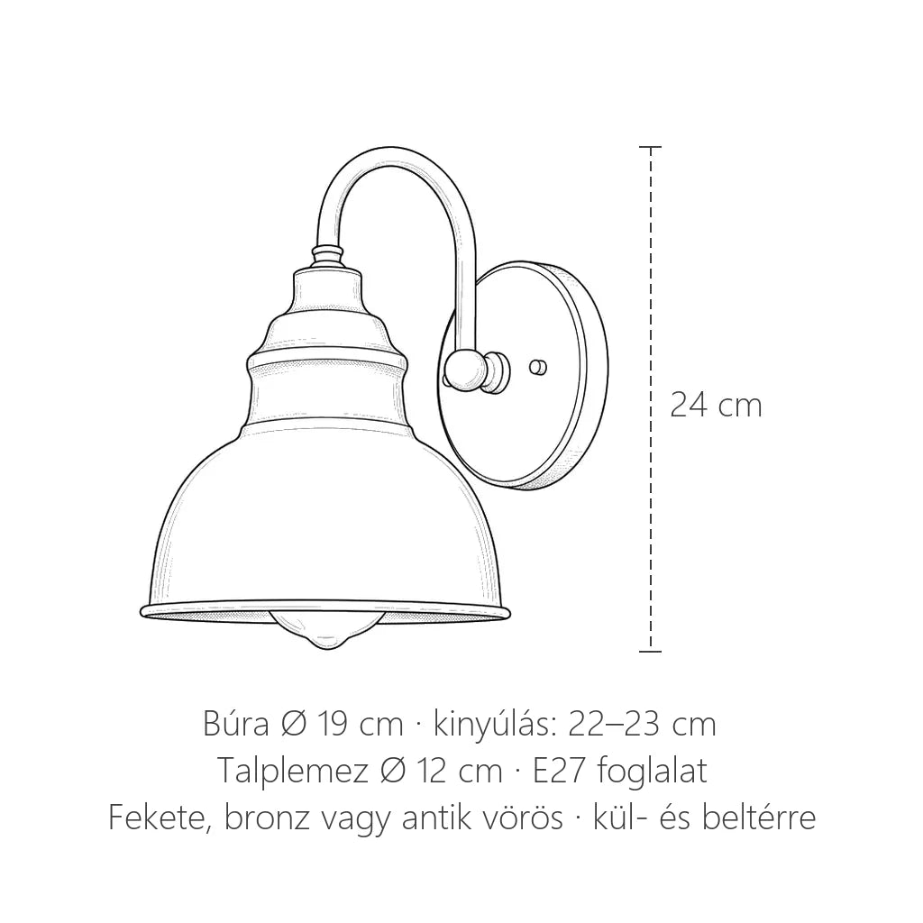 Hattyúnyakas ipari fali lámpa méretei Ø 19 cm-es búrával: 24 cm magas