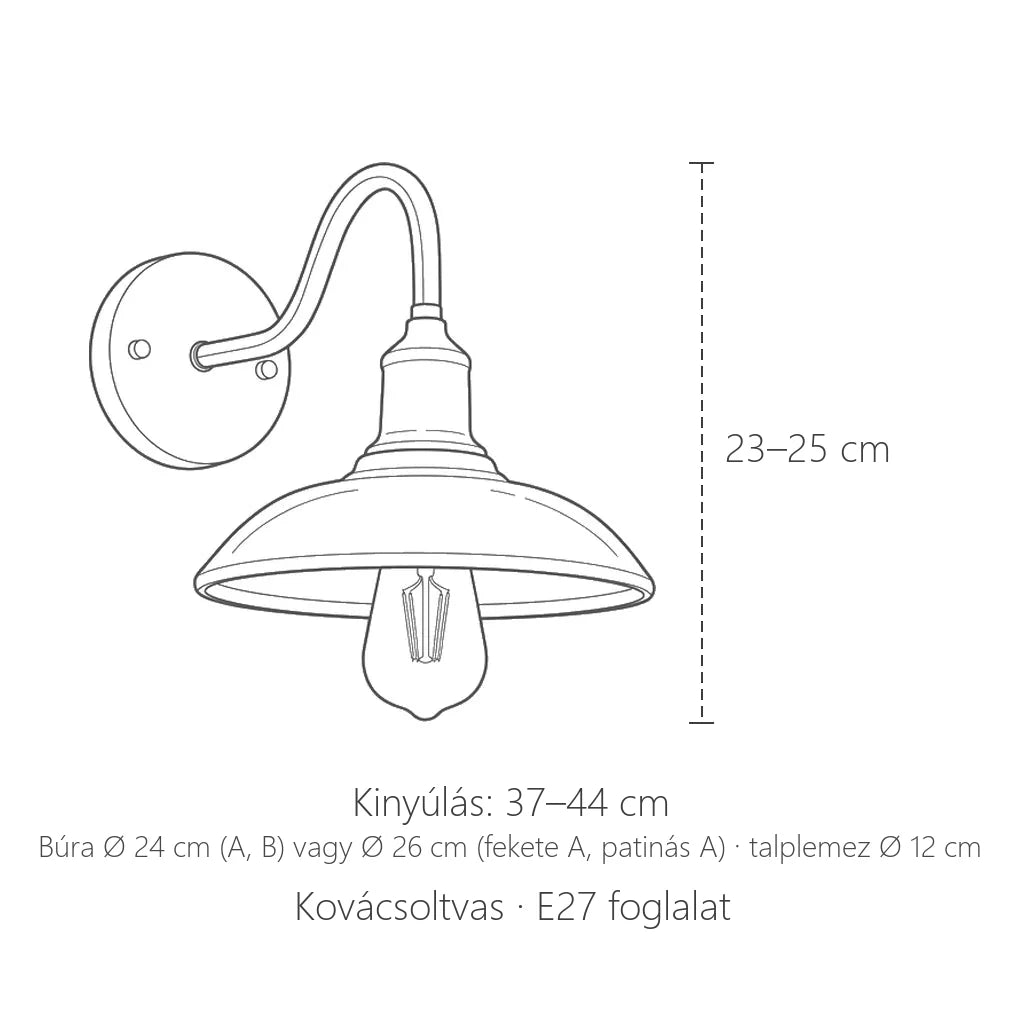Hattyúnyakas kovácsoltvas fali lámpa méretei: 23–25 cm magas, kinyúlás 37–44 cm