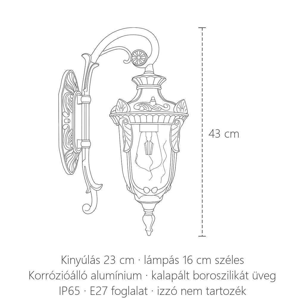 Hattyúnyakas kültéri lámpás méretei: 43 cm magas, kinyúlás 23 cm