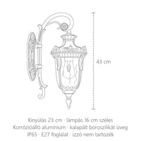 Hattyúnyakas kültéri lámpás méretei: 43 cm magas, kinyúlás 23 cm