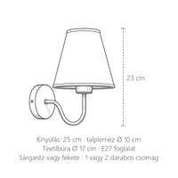 Hattyúnyakas textilbúrás fali lámpa méretei: 23 cm magas, kinyúlás 25 cm