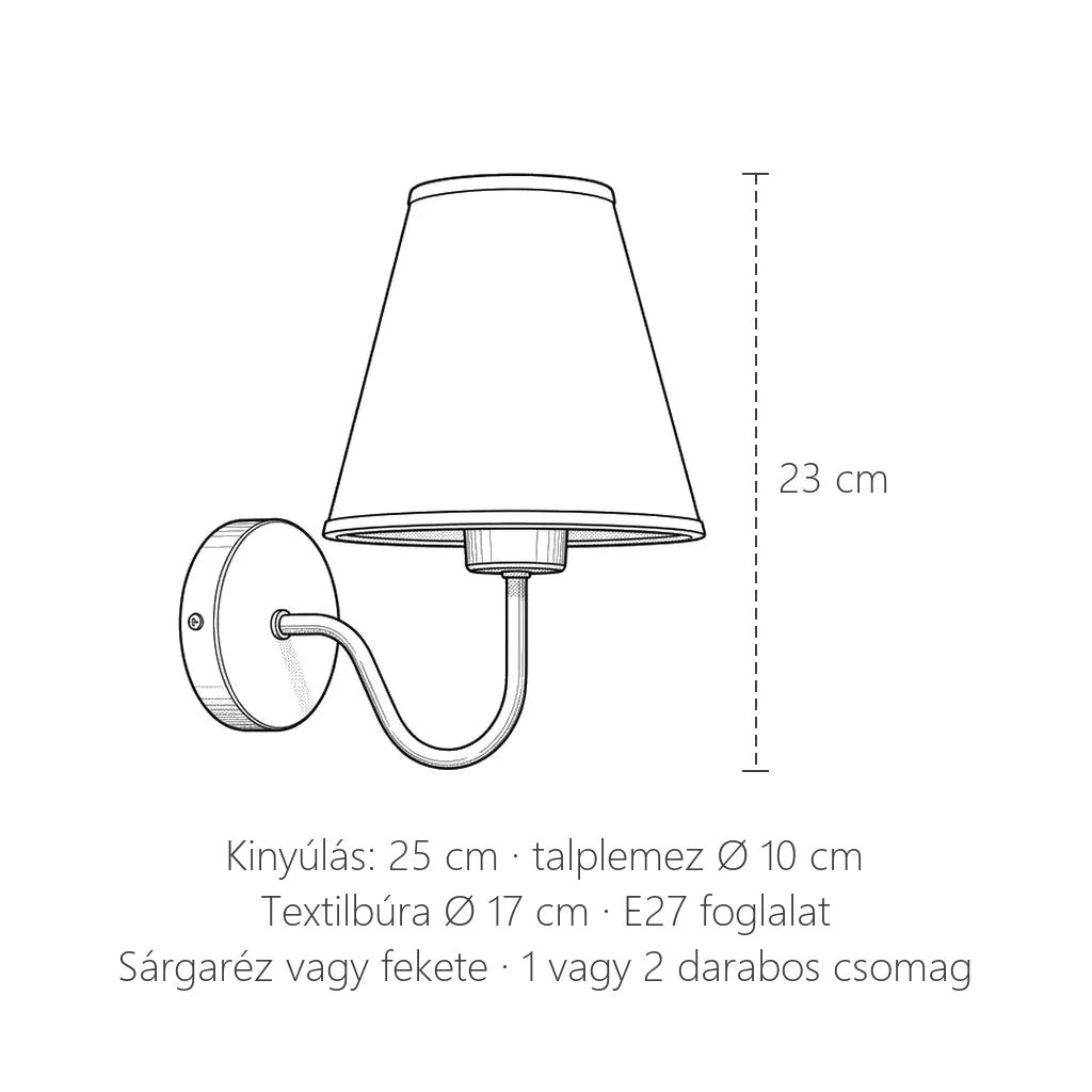 Hattyúnyakas textilbúrás fali lámpa méretei: 23 cm magas, kinyúlás 25 cm