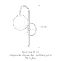A hattyúnyakú gömb fali lámpa méretei: magasság 42 cm, szélesség 15 cm