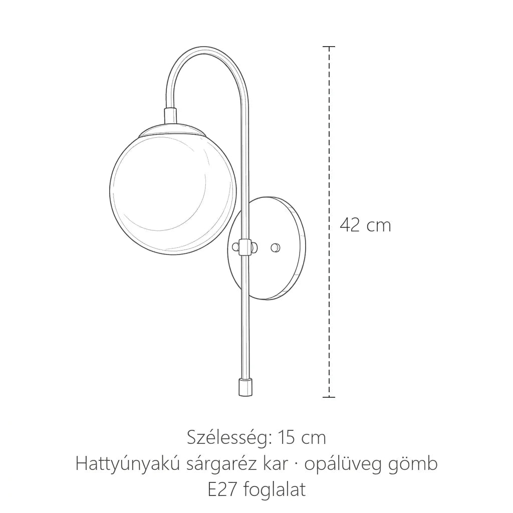 A hattyúnyakú gömb fali lámpa méretei: magasság 42 cm, szélesség 15 cm