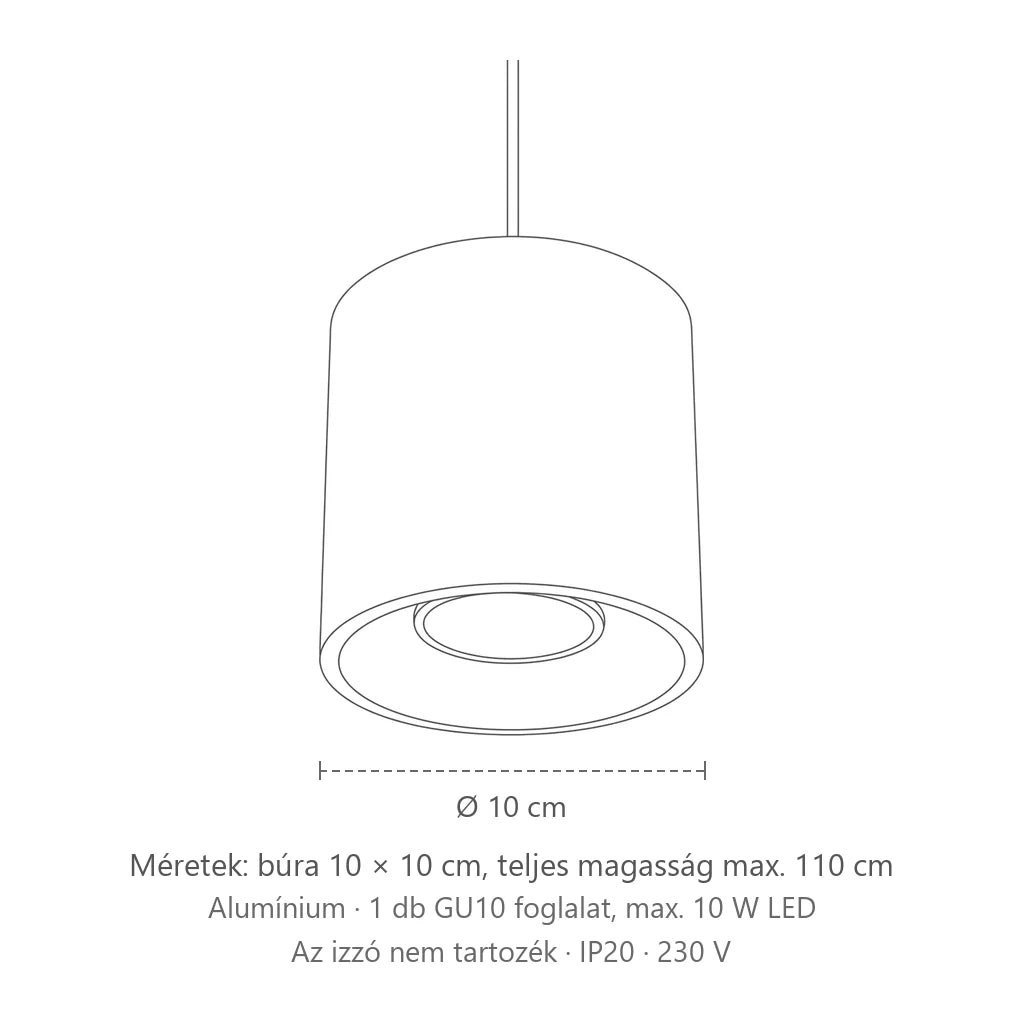 Henger alakú alumínium függőlámpa méretei: búra 10 × 10 cm, teljes magasság max. 110 cm